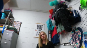 Blonde Krissy bouncing on guards dick at the office